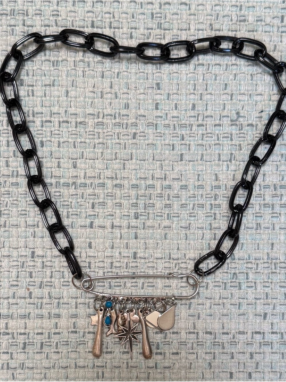 Black Chain Charm Necklace with Silver Accents